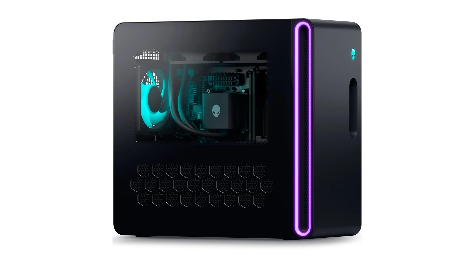The Alienware Aurora Gaming Desktop is shown from a three-quarter angle, highlighting its black finish with purple lighting and hexagonal vent design.