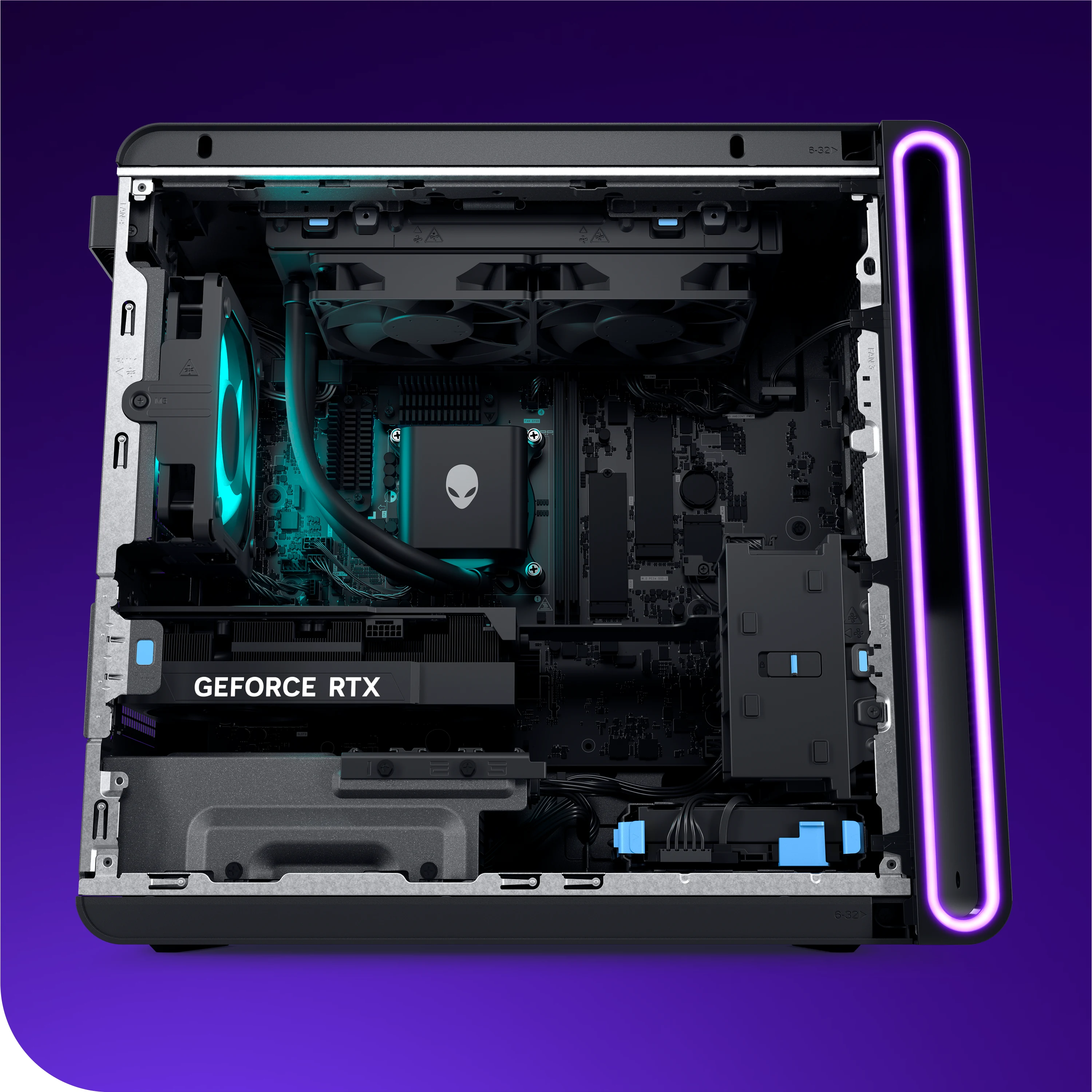 The image shows the interior of an Alienware Aurora Gaming Desktop with a visible GeForce RTX graphics card and purple LED lighting.