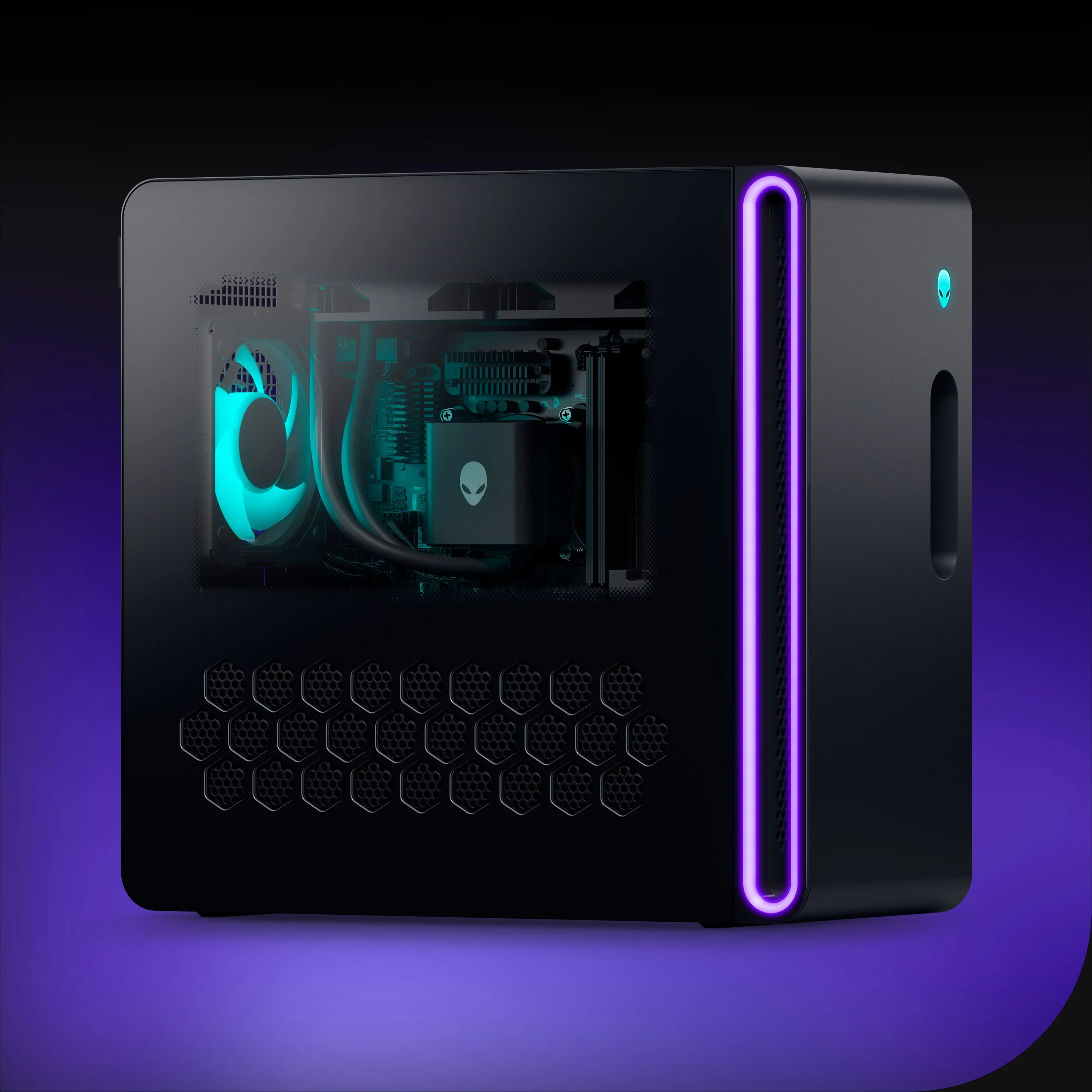 A black Alienware Aurora Gaming Desktop with a side panel removed, revealing internal components and purple lighting.