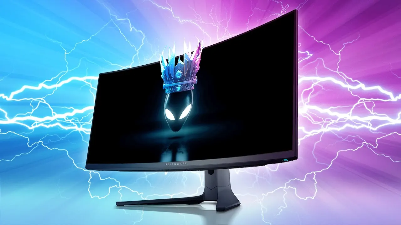 A side profile of the Alienware AW3423DWF QD-OLED Monitor with a vibrant, lightning-themed background.