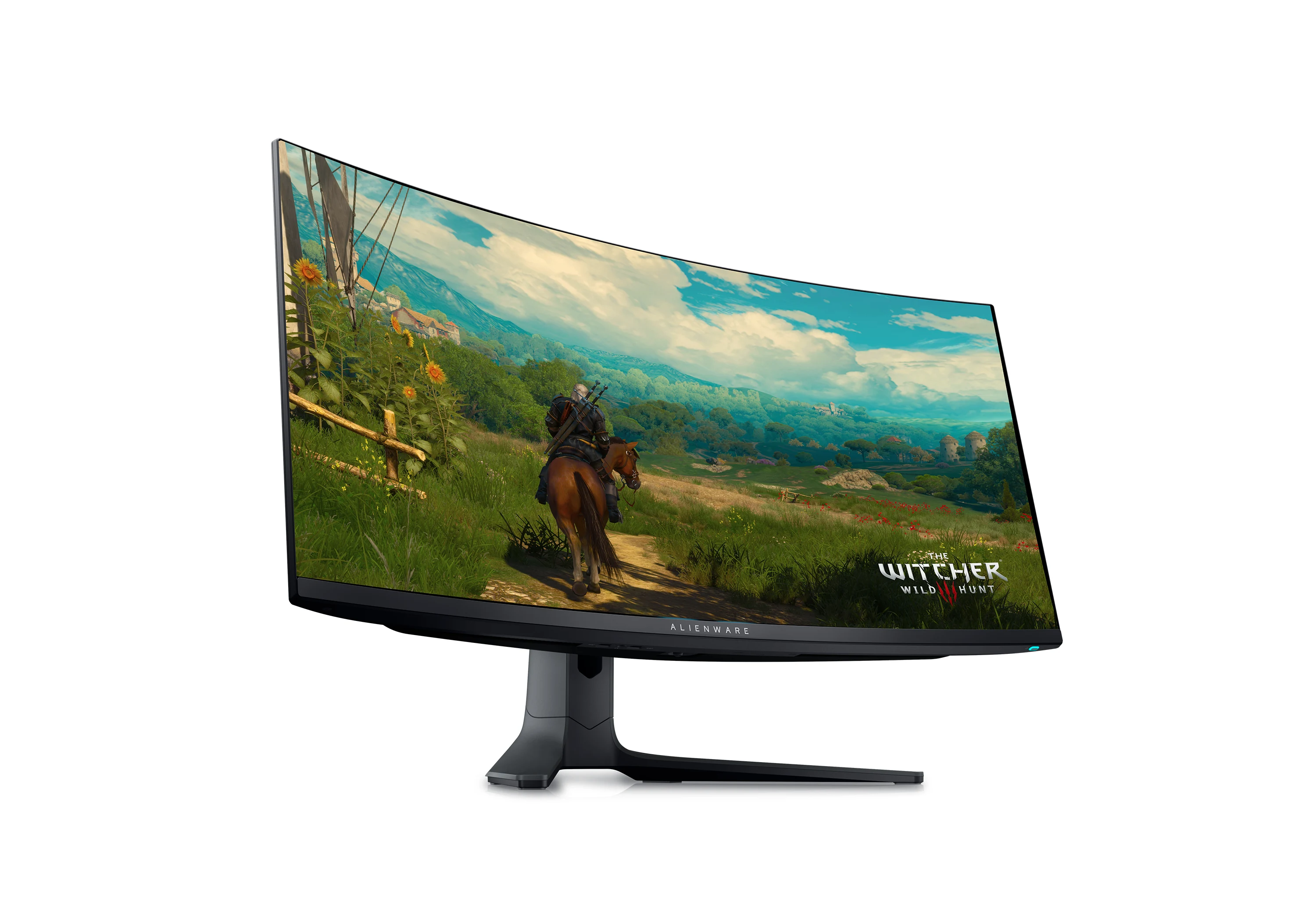 A side profile of the Alienware AW3423DWF QD-OLED Monitor displaying a scene from The Witcher III.
