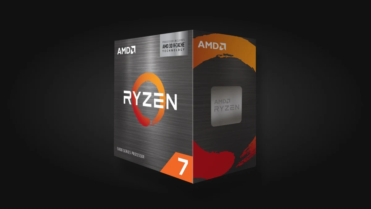 A box of the AMD Ryzen 7 processor, featuring a metallic finish and orange accents.