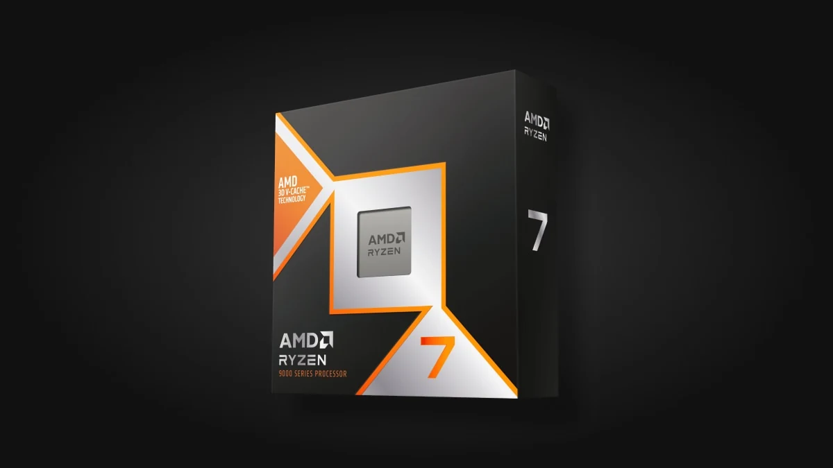 The AMD Ryzen 7 9800X3D processor box is shown from a three-quarter angle, highlighting its design and branding.