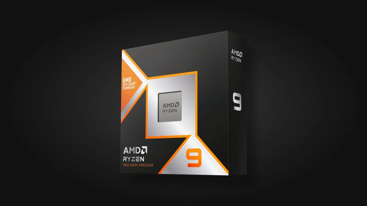 The AMD Ryzen 9 9000 Series Processor is shown in a three-quarter angle with its packaging, highlighting the product's branding and model number.