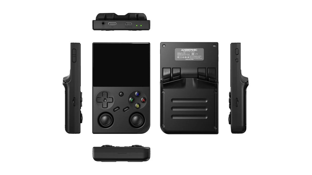 The Anbernic RG35XX Pro is shown in a top-down view, displaying its front, back, and side profiles. The device has a black finish with visible buttons on the front and a dockable design at the back.