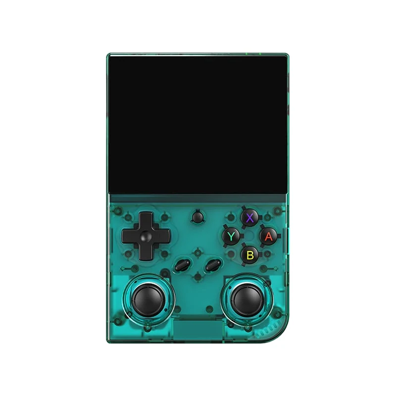The product is a transparent green handheld gaming device with a black screen and colorful buttons labeled A, B, X, Y.