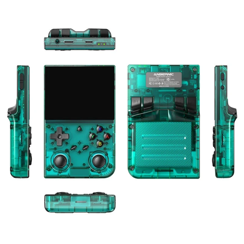 A clear teal handheld gaming device with various angles displayed, including top-down and side views.