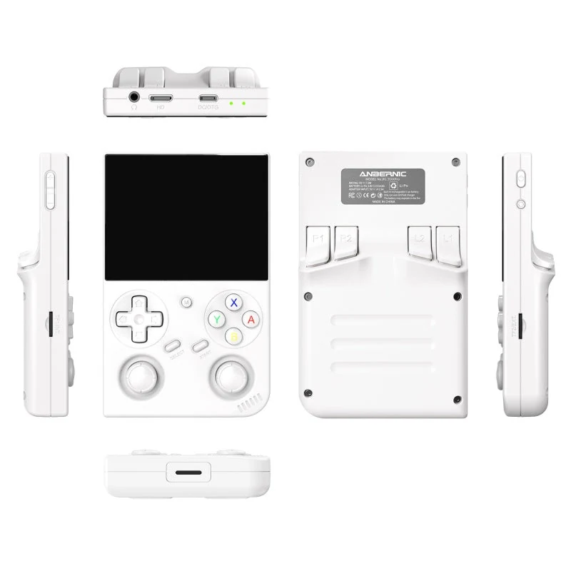 The image shows a white Anbernic RG35XX Pro handheld gaming device from multiple angles, including top-down and side views. The front features a screen with directional pad and action buttons.