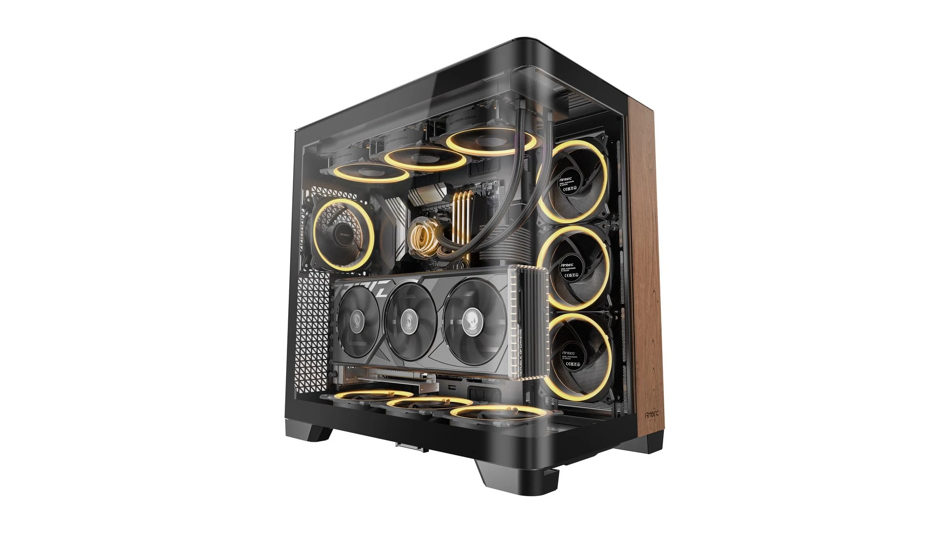 The Antec C8 Curve Wood Full-Tower case is shown in a three-quarter angle, highlighting its wooden side panel and internal components with yellow lighting.