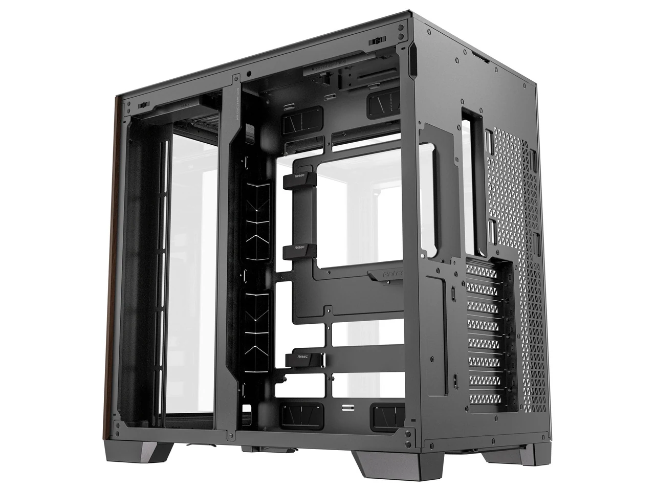 The Antec C8 Curve Wood Full-Tower case is shown in a side profile, highlighting its open interior and ventilation grilles.
