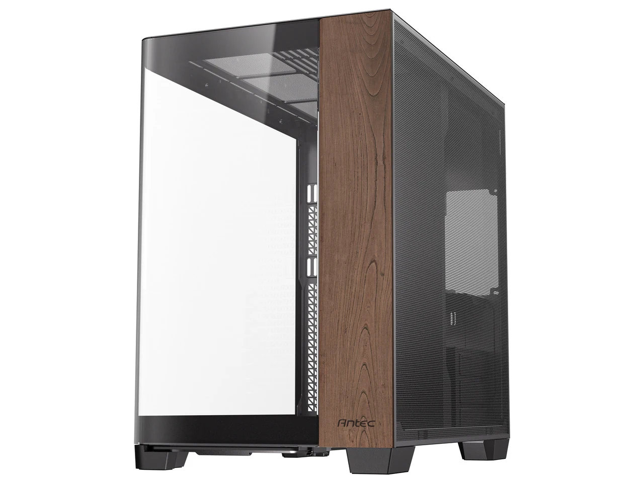 The Antec C8 Curve Wood Full-Tower case is shown from a three-quarter angle, highlighting its wooden panel and transparent side panels.