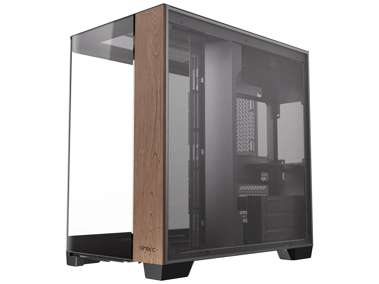 The Antec C8 Curve Wood Full-Tower case is shown from a three-quarter angle, highlighting its wooden side panel and mesh front.