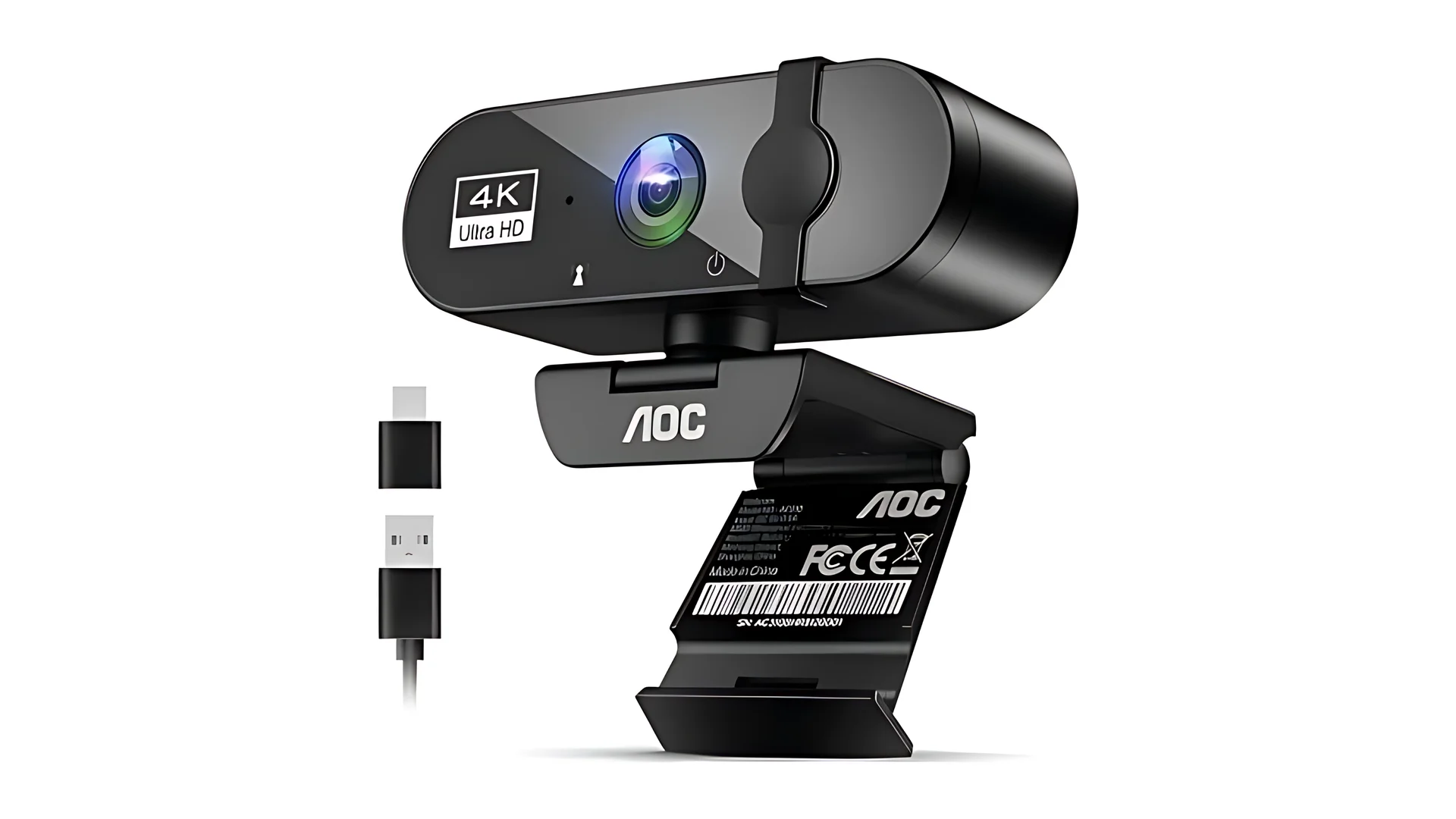 A black AOC 4K Ultra HD webcam with its sliding privacy cover and monitor clip, shown with a USB-A to USB-C adapter and cable.