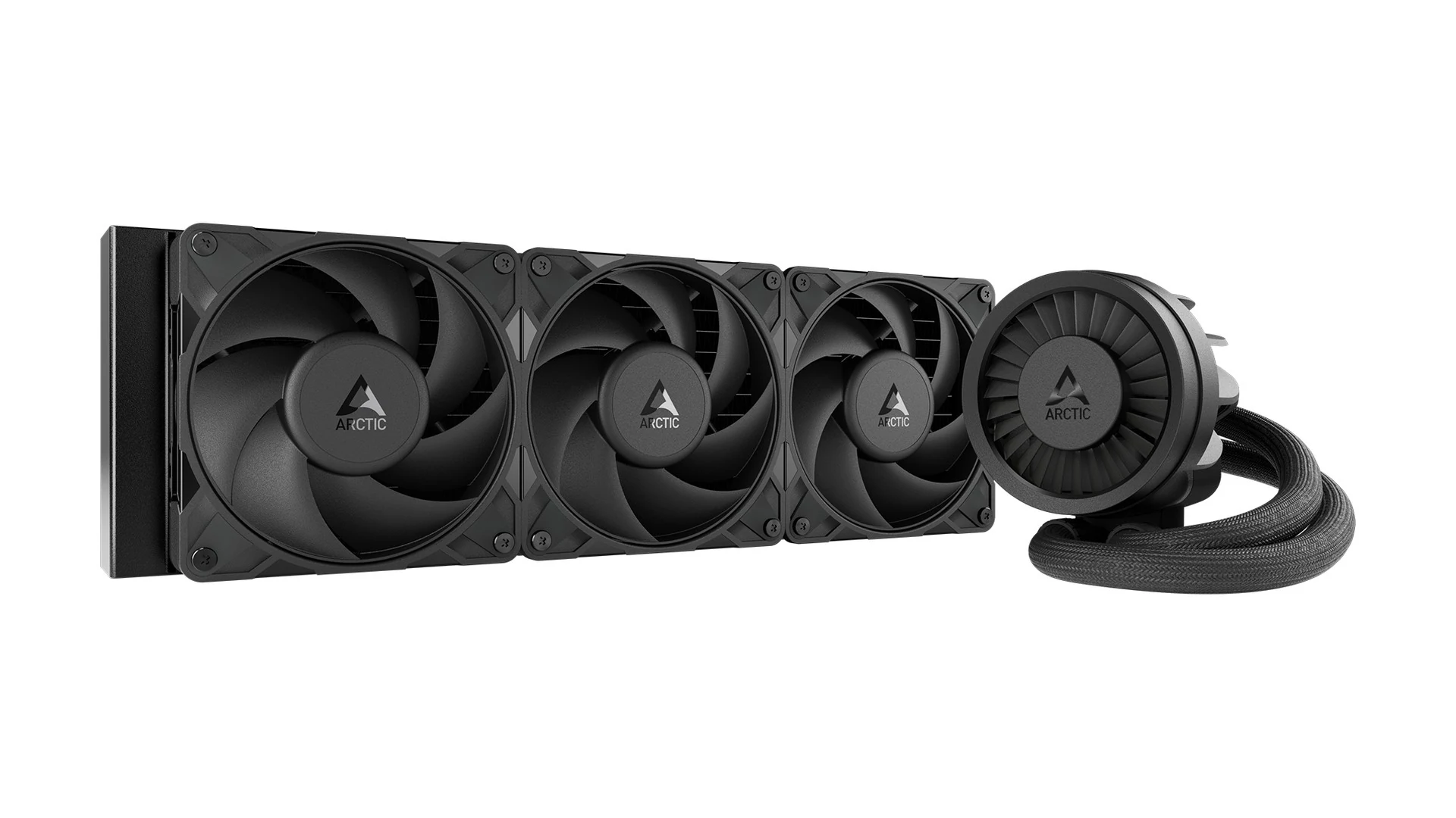 A black ARCTIC Liquid Freezer III Pro 360 A-RGB cooling system with four fans and a cable.