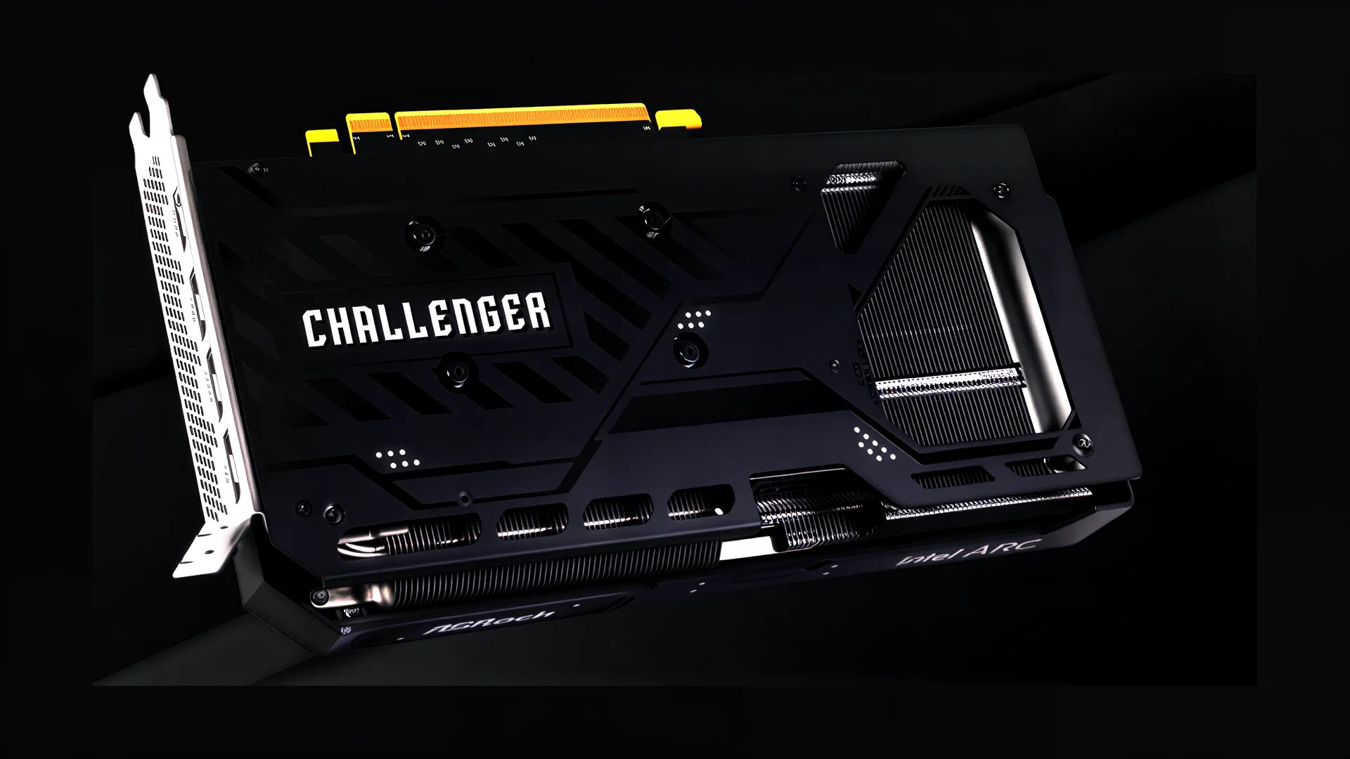 The image shows a side profile of the ASRock Intel Arc B570 Challenger 10GB OC GDDR6 graphics card, highlighting its black finish with yellow accents and the 'CHALLENGER' text on the back.