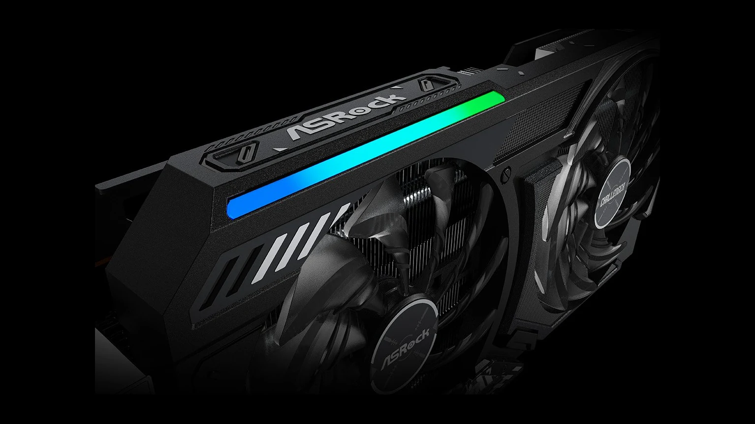 The product is shown in a side profile with a black finish and illuminated blue and green lighting.