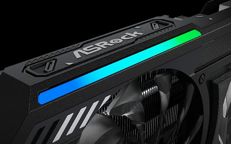 The product is shown from a side profile with a black finish, featuring RGB lighting and a prominent ASRock logo.