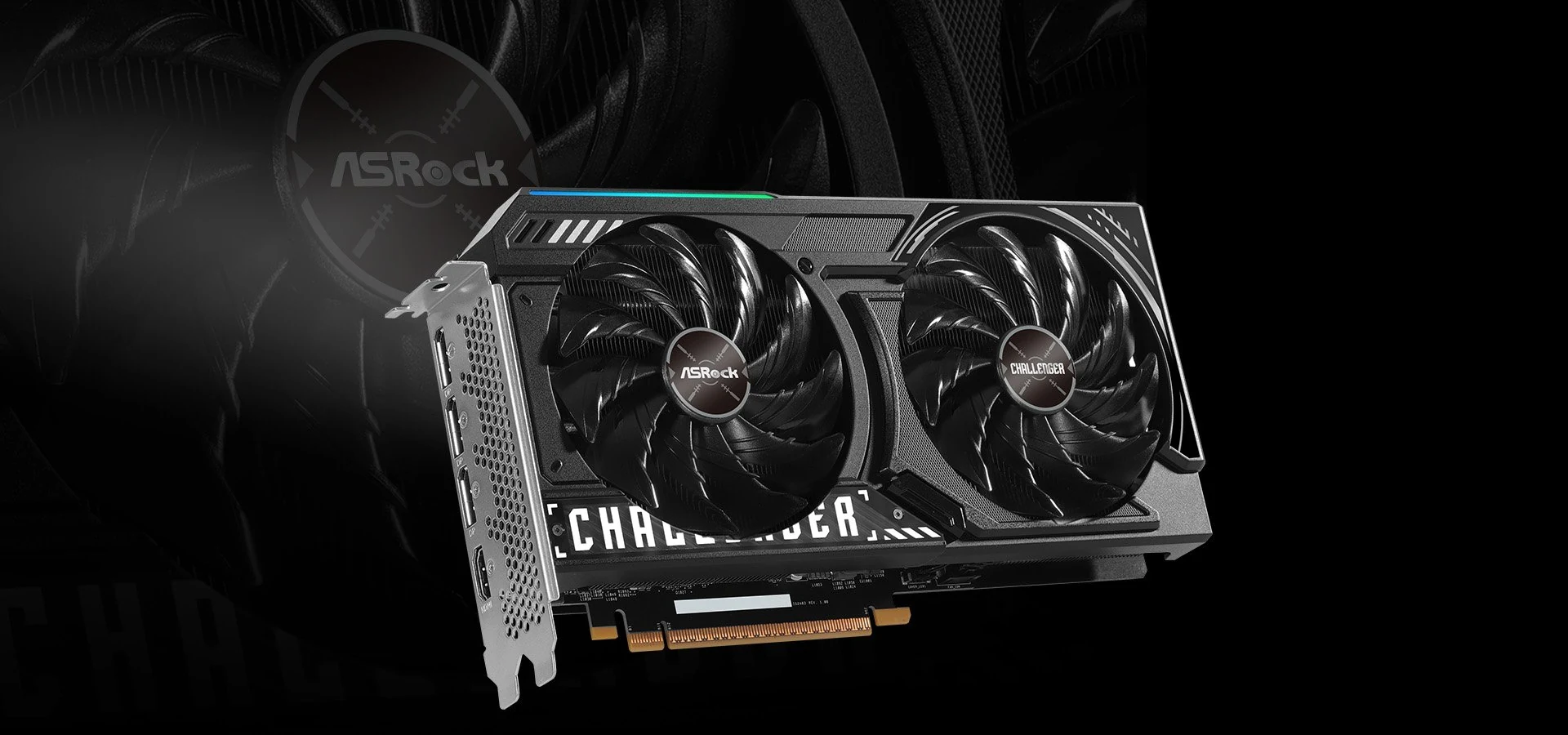 A side profile of the ASRock Intel Arc B570 Challenger 10GB OC GDDR6 graphics card, showcasing its dual-fan design and 'CHALLENGER' branding on the fans.