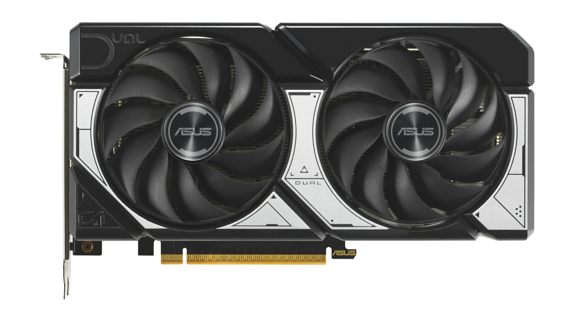 A front-facing shot of an ASUS Dual NVIDIA GeForce RTX 5060 8GB GDDR7 OC Edition graphics card with dual fans and a black and silver finish.