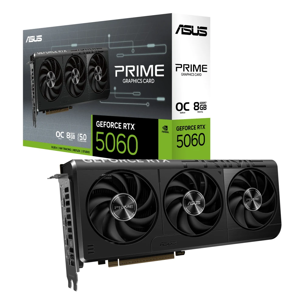 The ASUS GeForce RTX 5060 graphics card is shown in a three-quarter angle, highlighting its cooling fans and branding.