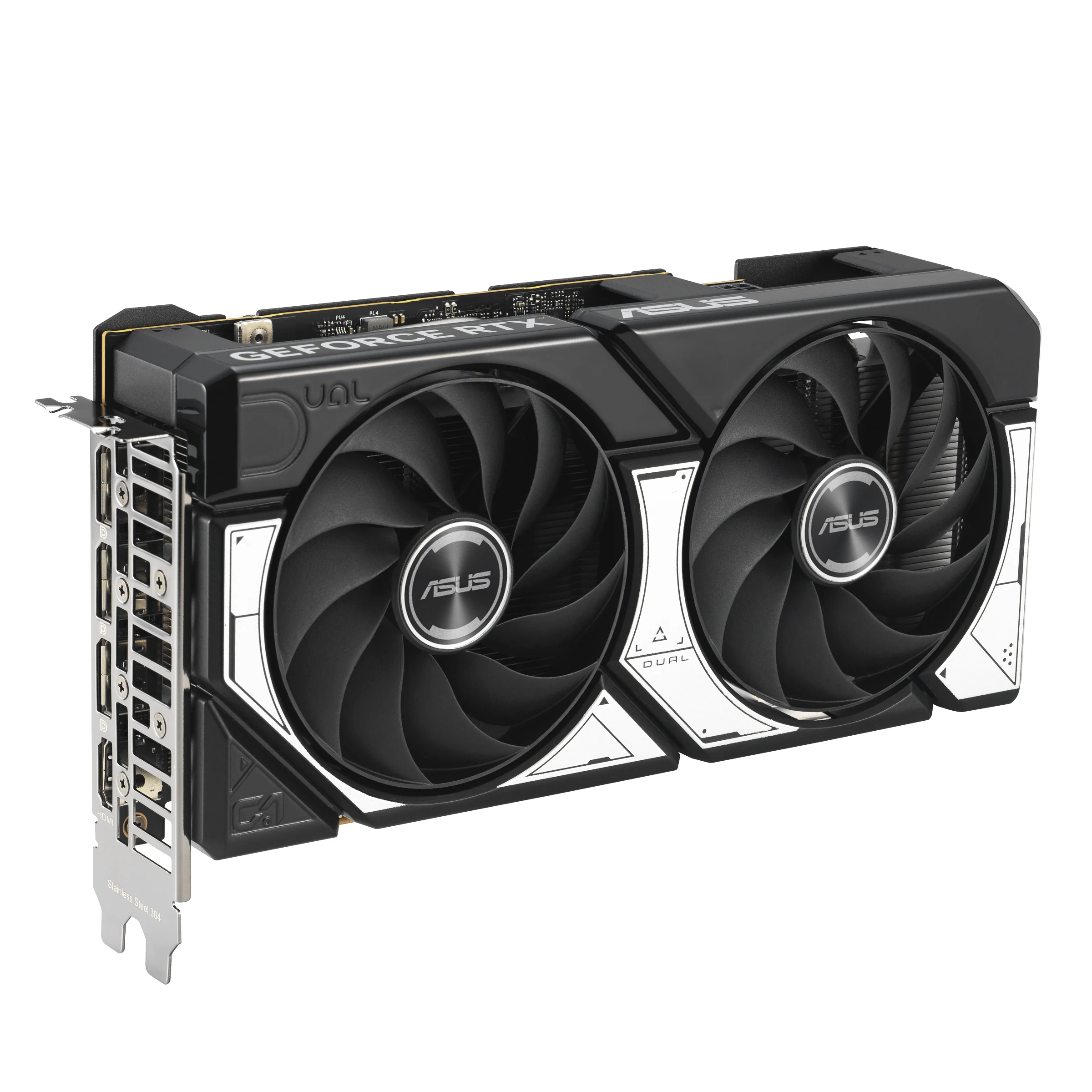 A side profile of an ASUS Dual NVIDIA GeForce RTX 5060 8GB GDDR7 OC Edition graphics card, showcasing its dual-fan cooling system and ports.