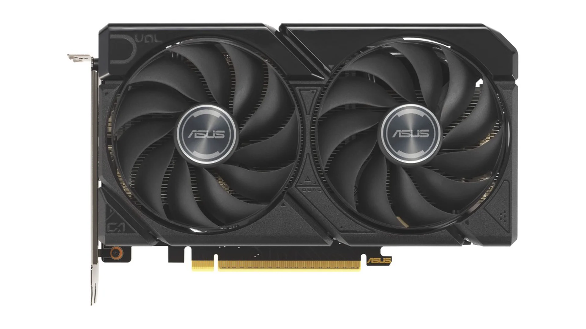 A black ASUS graphics card with dual fans and a gold-colored PCIe connector.