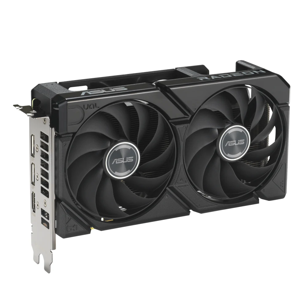 A black ASUS Radeon RX 9060 XT graphics card with dual fans and a visible heatsink.