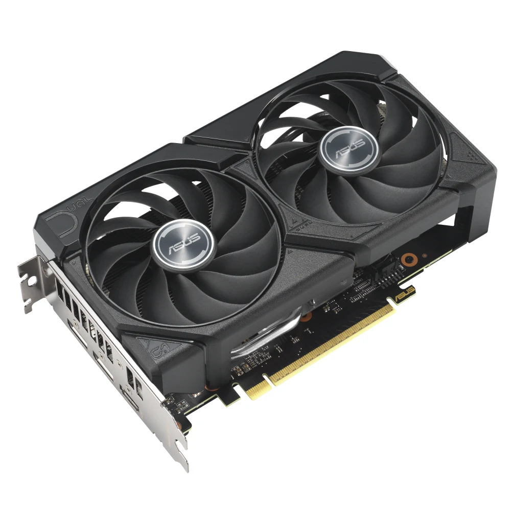 The ASUS Dual Radeon RX 9060 XT 16GB GDDR6 graphics card is shown from a three-quarter angle, highlighting its dual-fan design and PCIe slot.