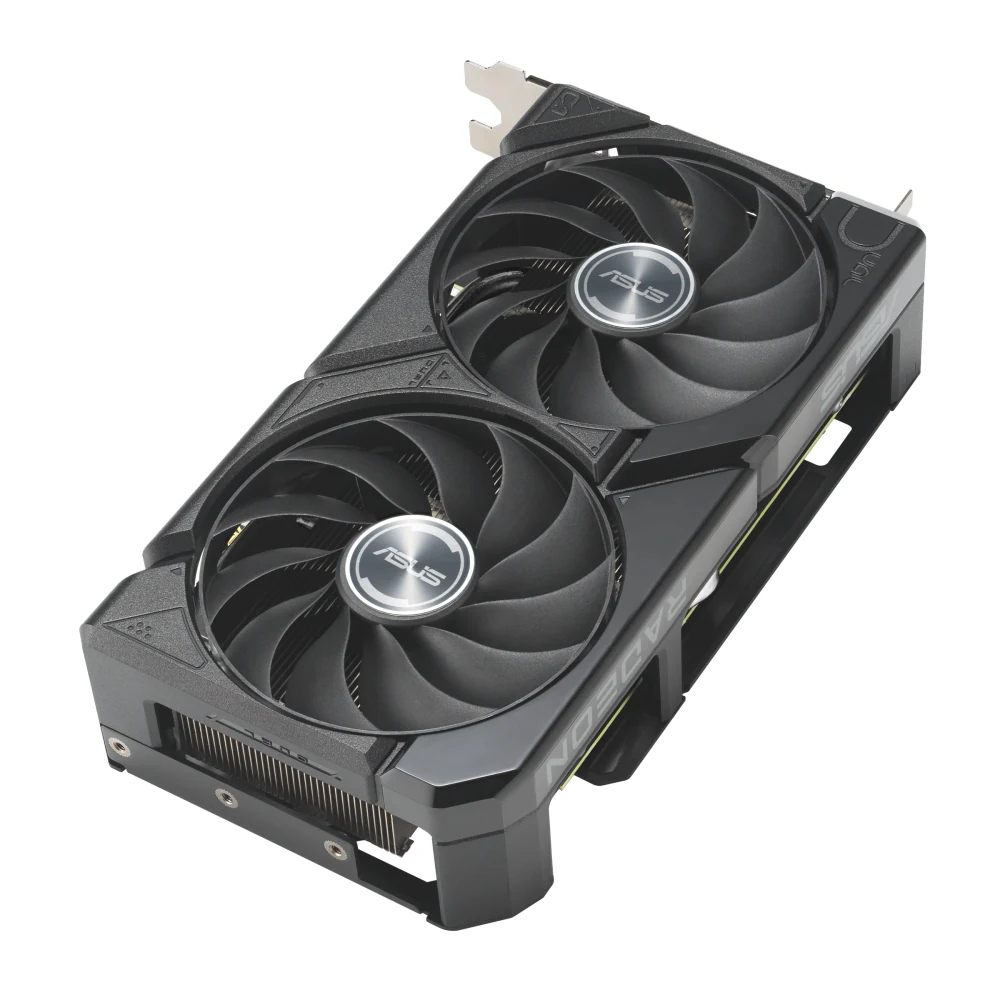The ASUS Dual Radeon RX 9060 XT 16GB GDDR6 is shown in a side profile with its dual fans and branding clearly visible.