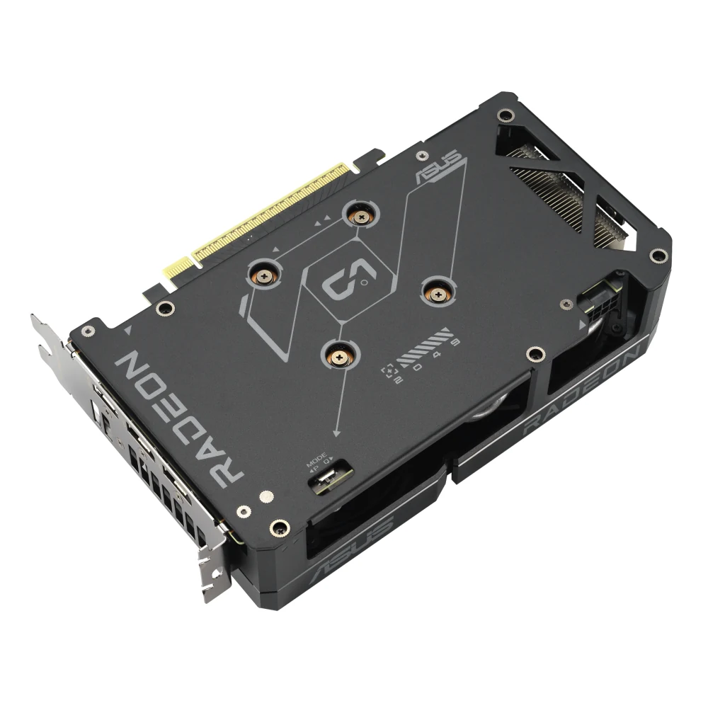 The ASUS Dual Radeon RX 9060 XT 16GB GDDR6 is photographed from a rear angle, showcasing its cooling fins and back panel.