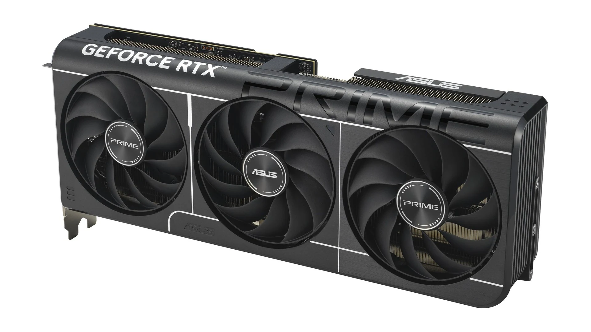 The ASUS Prime GeForce RTX 5070 12GB GDDR7 OC Edition is shown in a three-quarter angle, highlighting its black color and three cooling fans.