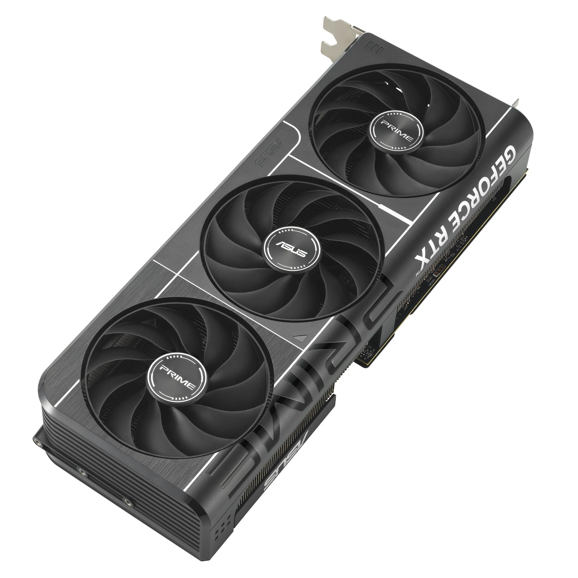 The ASUS Prime GeForce RTX 5070 12GB GDDR7 OC Edition graphics card is shown in a three-quarter angle, highlighting its dual-fan cooling system and branding.