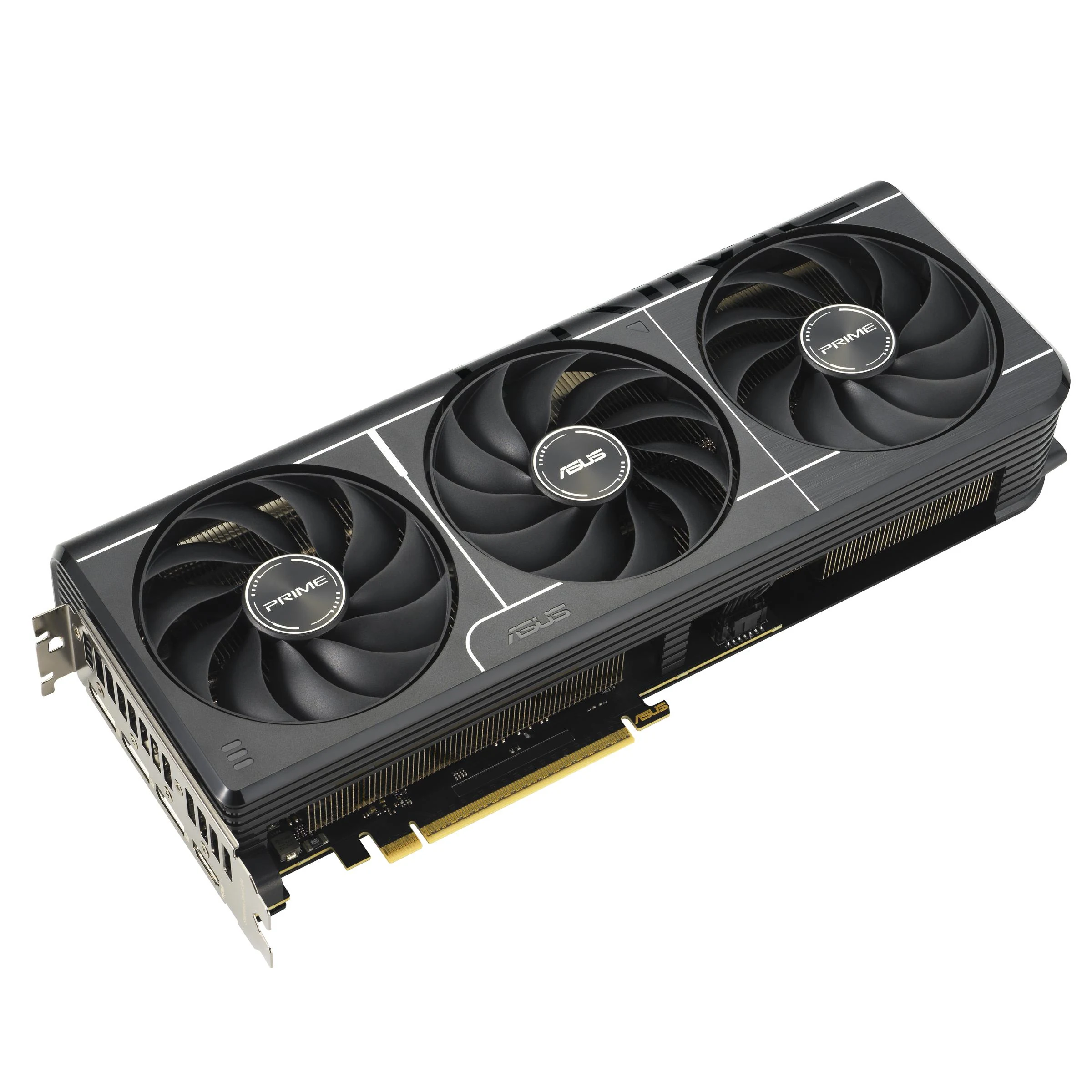 The ASUS Prime GeForce RTX 5070 12GB GDDR7 OC Edition graphics card is shown from a three-quarter angle, highlighting its dual-fan design and branding.