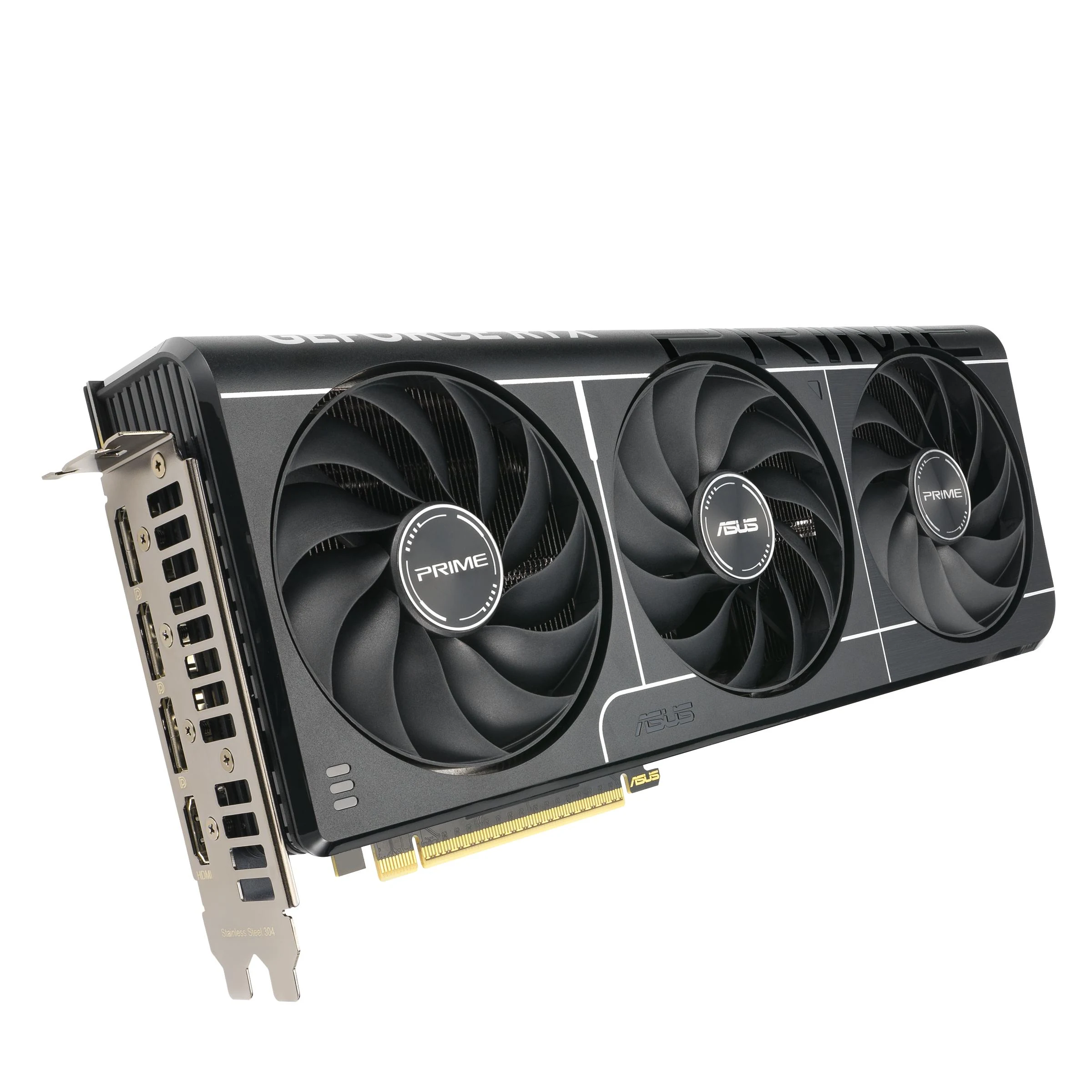 The ASUS Prime GeForce RTX 5070 12GB GDDR7 OC Edition is shown from a three-quarter angle, highlighting its black finish and three cooling fans.