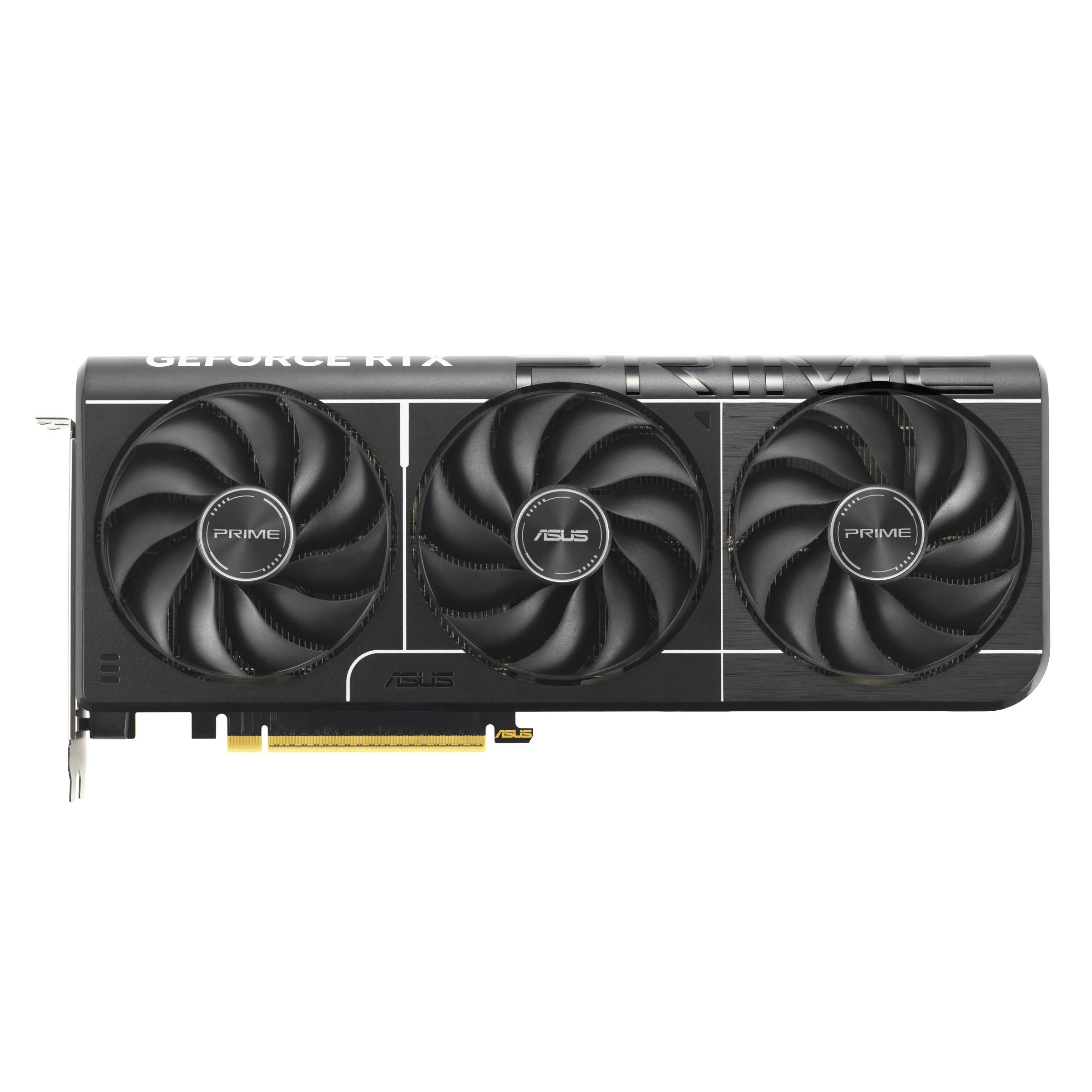 A black ASUS Prime GeForce RTX graphics card with three cooling fans and the brand name prominently displayed on its surface.