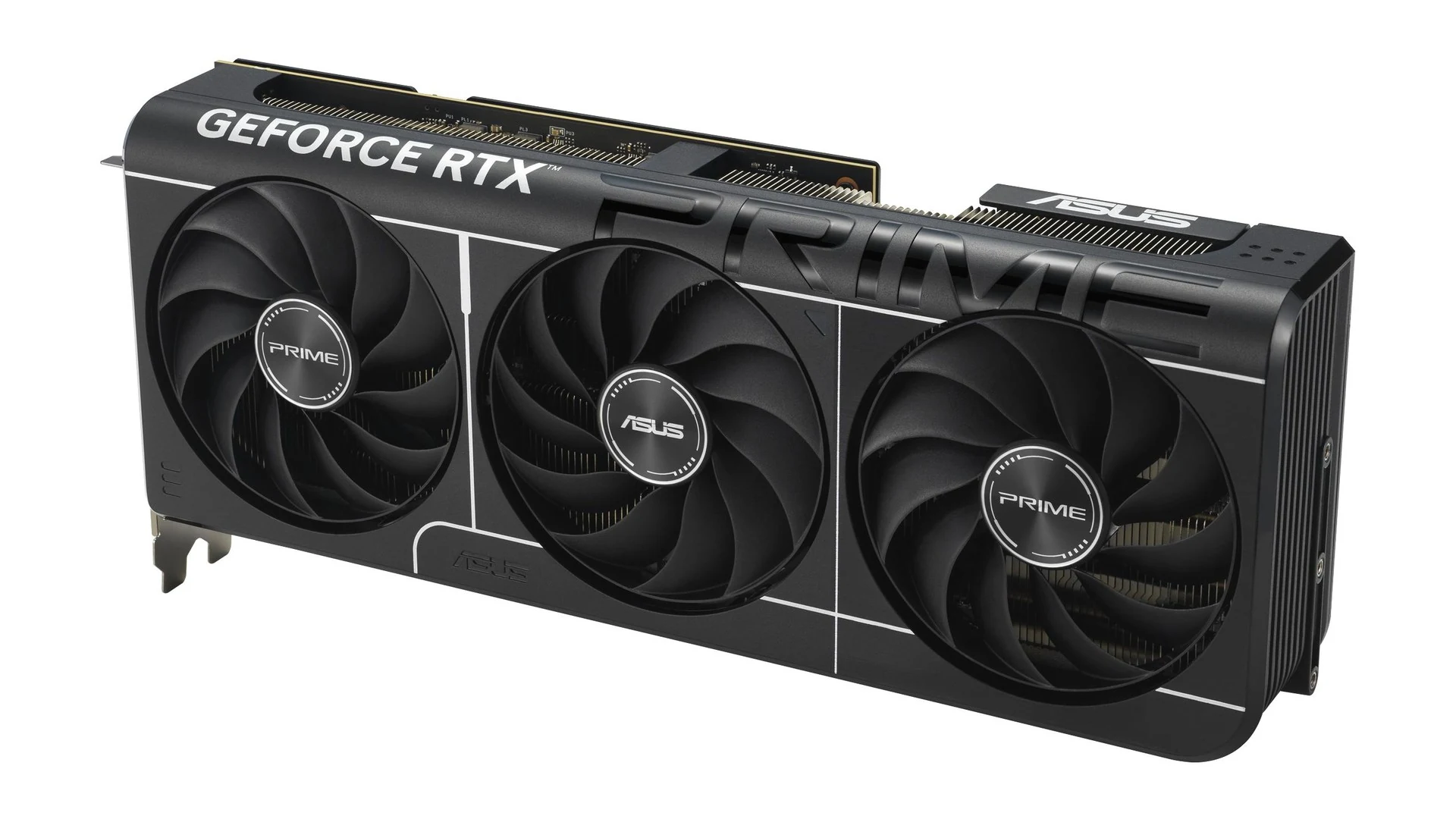 The ASUS Prime GeForce RTX graphics card is shown in a side profile, highlighting its three fans and the 'PRIME' branding on each.