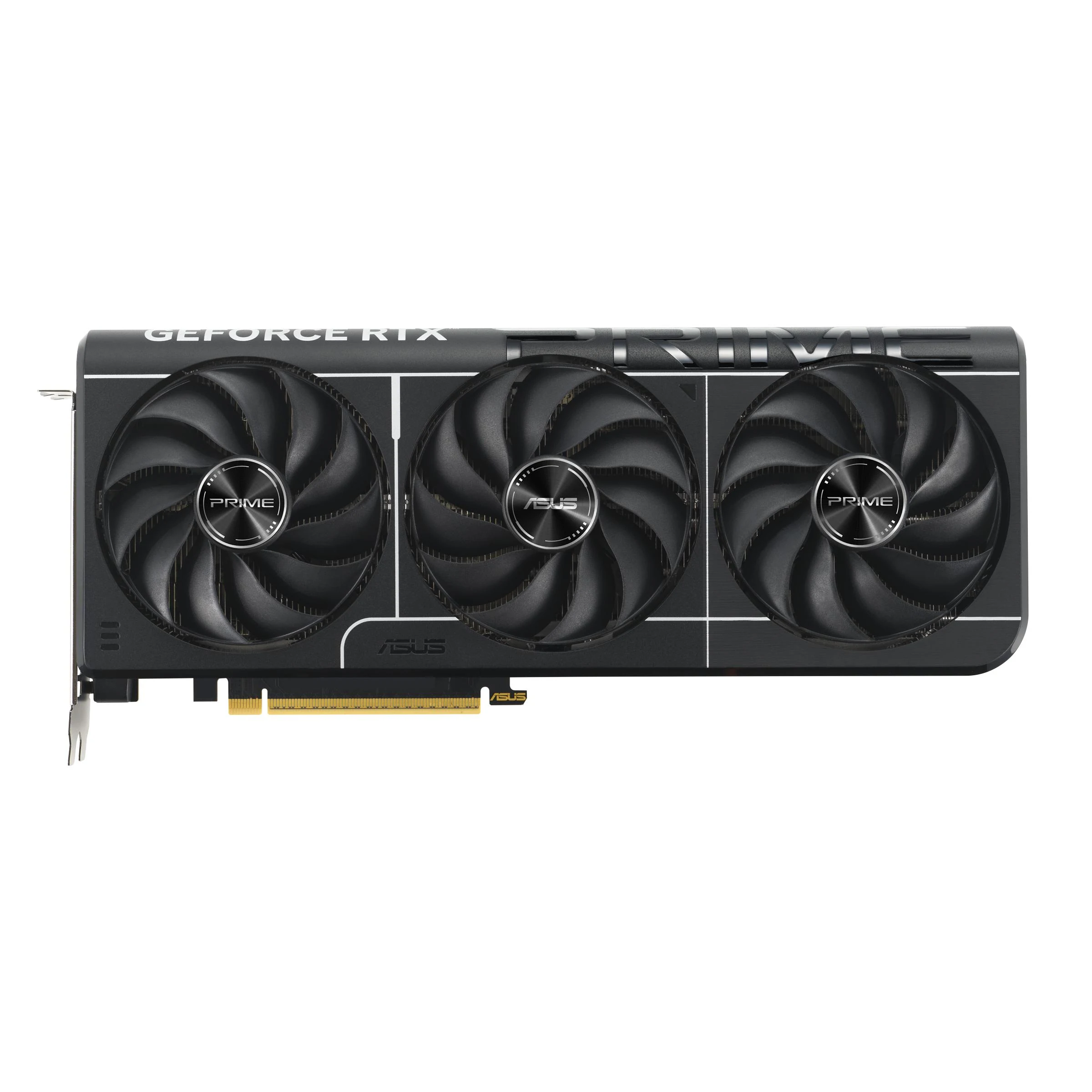 The ASUS Prime GeForce RTX 5070 Ti OC Edition graphics card is shown in a top-down view, highlighting its three cooling fans and the 'PRIME' branding on each fan.