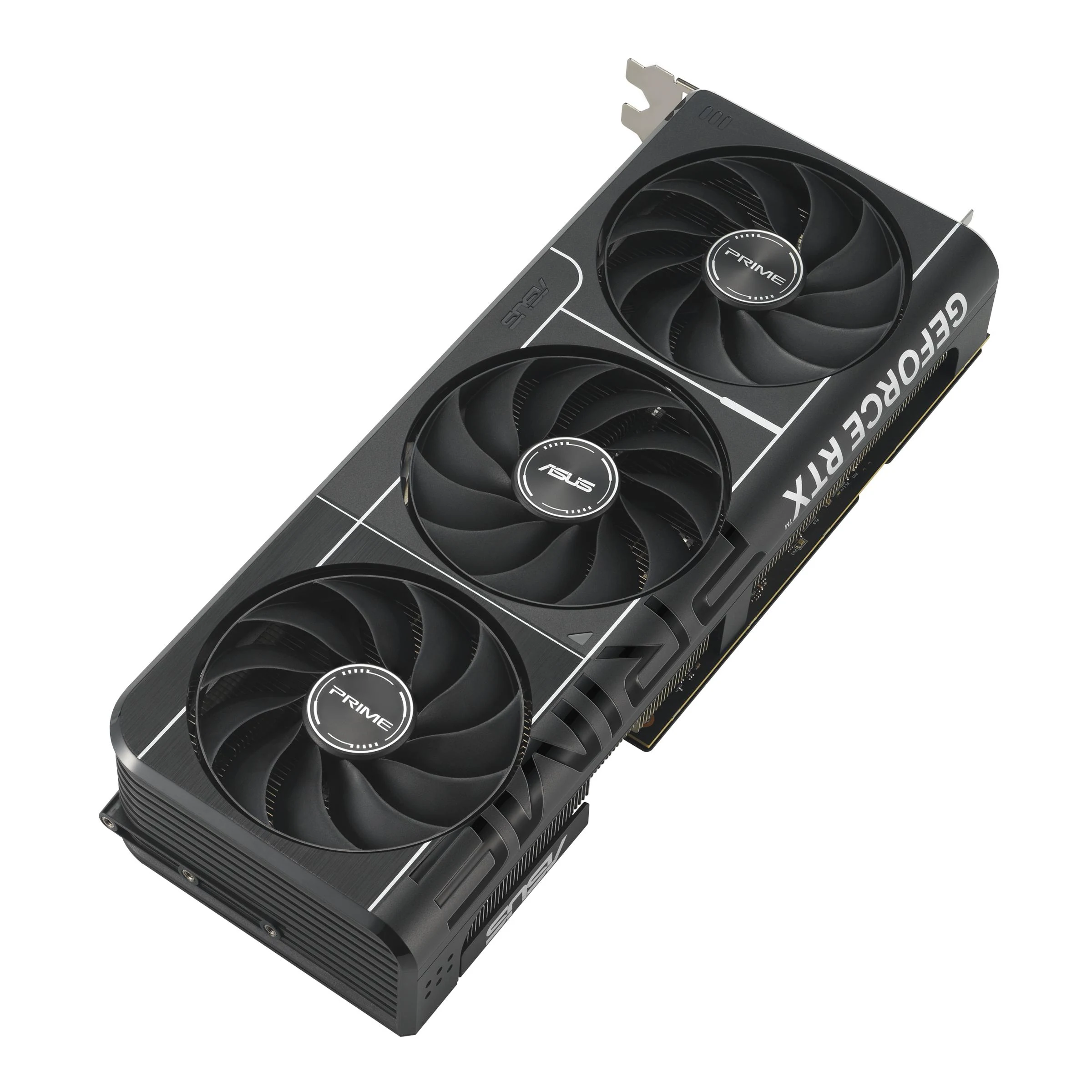 The ASUS Prime GeForce RTX 5070 Ti OC Edition graphics card is shown in a three-quarter angle, highlighting its black color and dual-fan design.