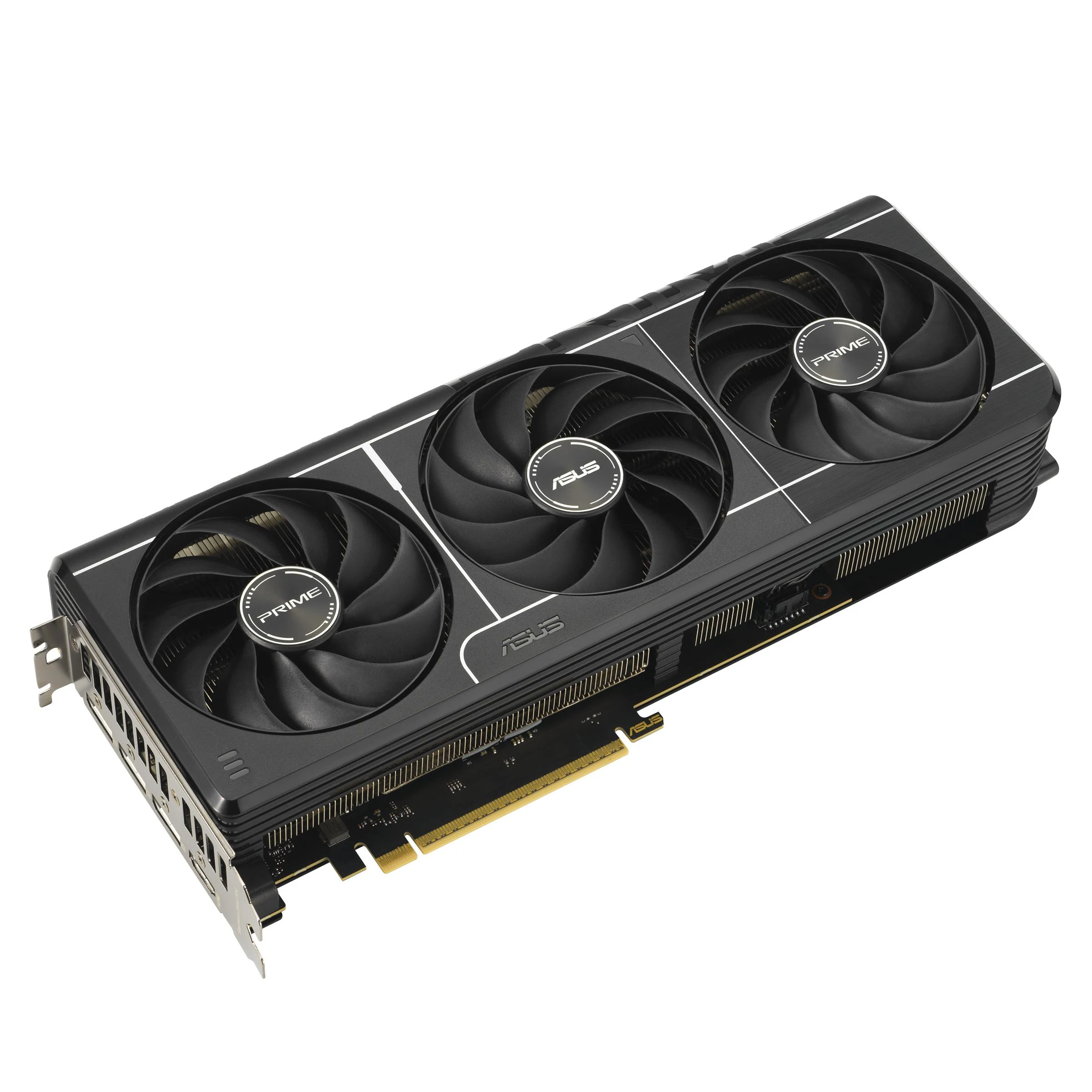 The ASUS Prime GeForce RTX 5070 Ti OC Edition graphics card is shown from a three-quarter angle, highlighting its black finish with white accents and three cooling fans.