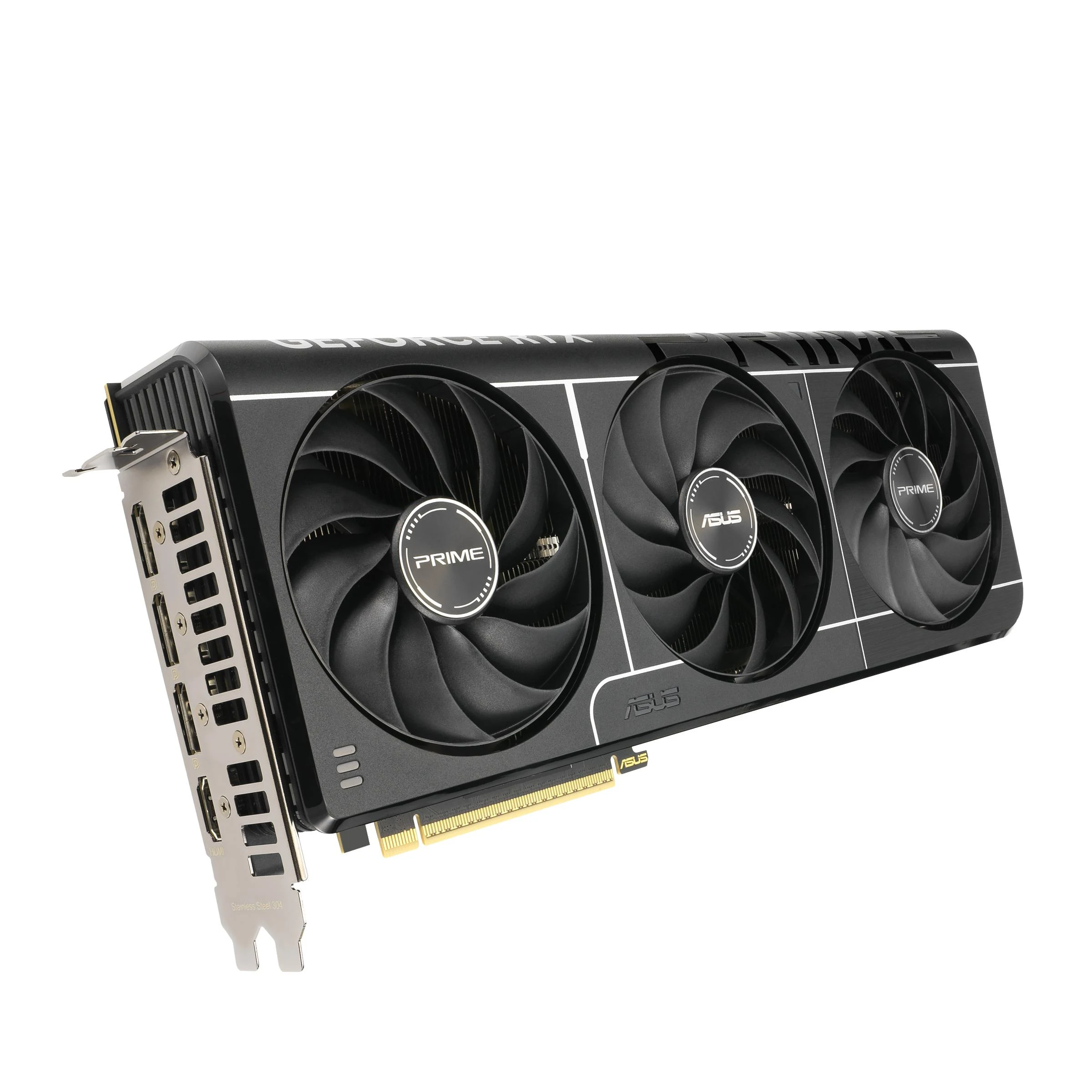 The ASUS Prime GeForce RTX 5070 Ti OC Edition graphics card is shown from a three-quarter angle, highlighting its black finish with silver accents and multiple cooling fans.