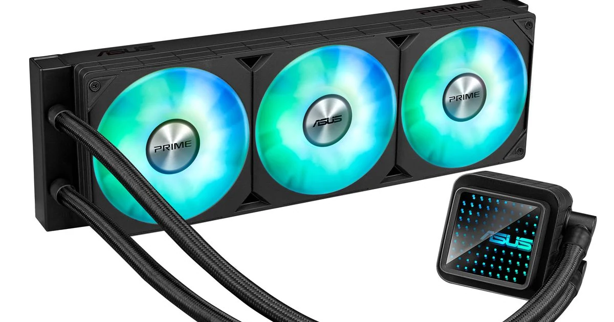 A black cooling unit with three circular fans illuminated in blue, featuring the ASUS and PRIME logos.