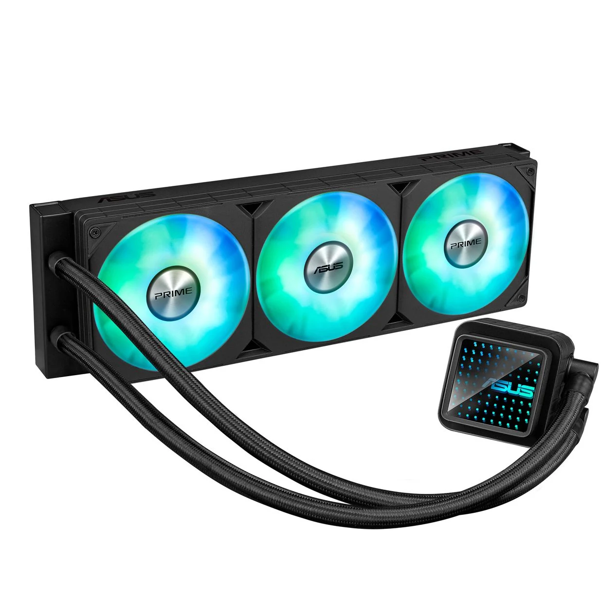 A black cooling system with three circular fans and a small square component, both featuring the ASUS PRIME branding.