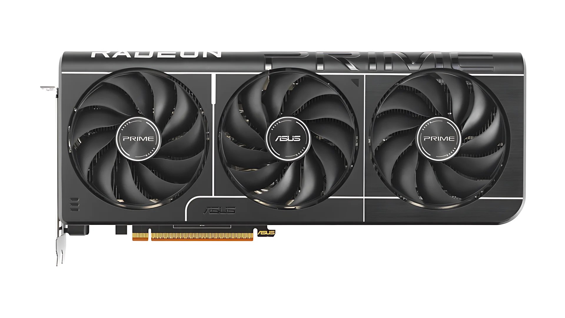 The image shows a black ASUS Prime Radeon RX 9070 XT OC Edition graphics card with three fans and the ASUS logo prominently displayed on each fan.