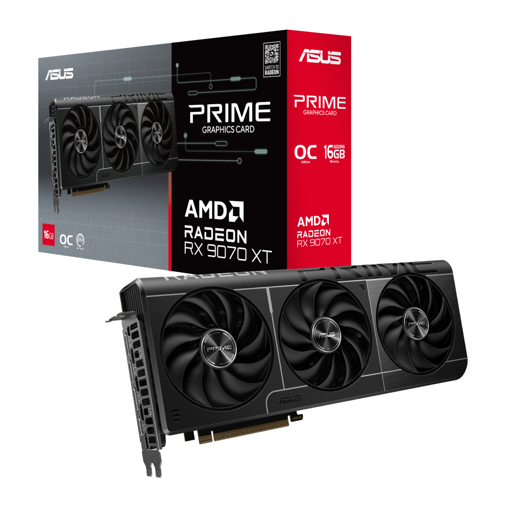 The image shows a black ASUS Prime Radeon RX 9070 XT OC Edition graphics card with three cooling fans and the product's branding visible on its surface.