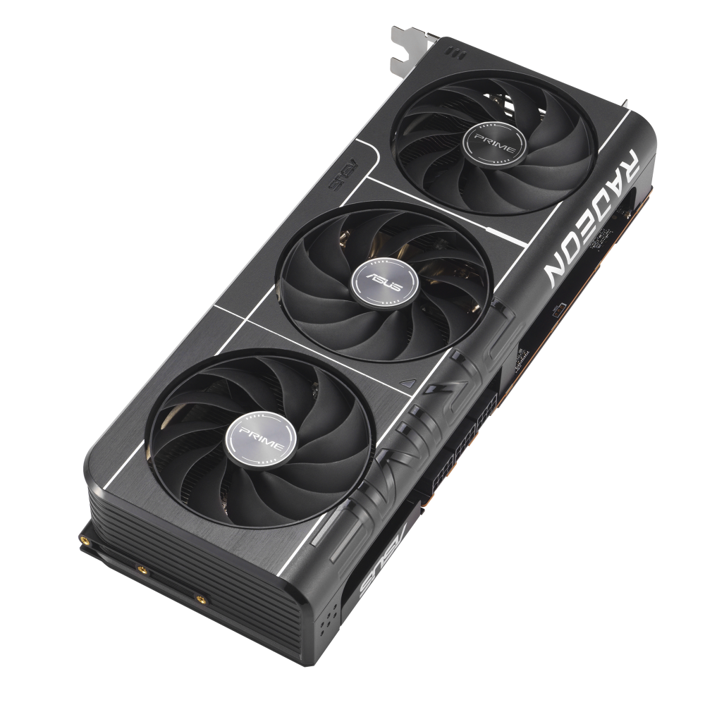 The ASUS Prime Radeon RX 9070 XT OC Edition graphics card is shown in a side profile, highlighting its three cooling fans and the 'PRIME' branding on the top.