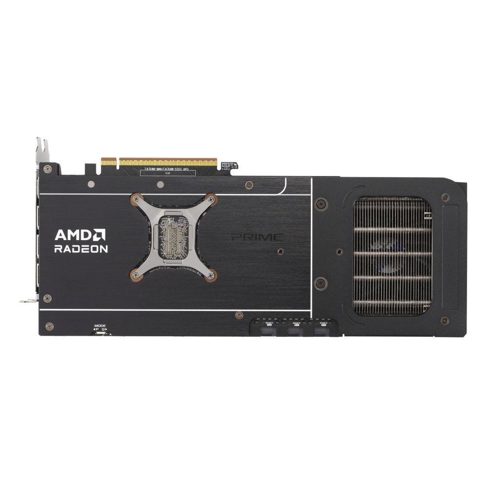 A black graphics card with 'AMD Radeon' and 'PRIME' text on the back, photographed from behind.
