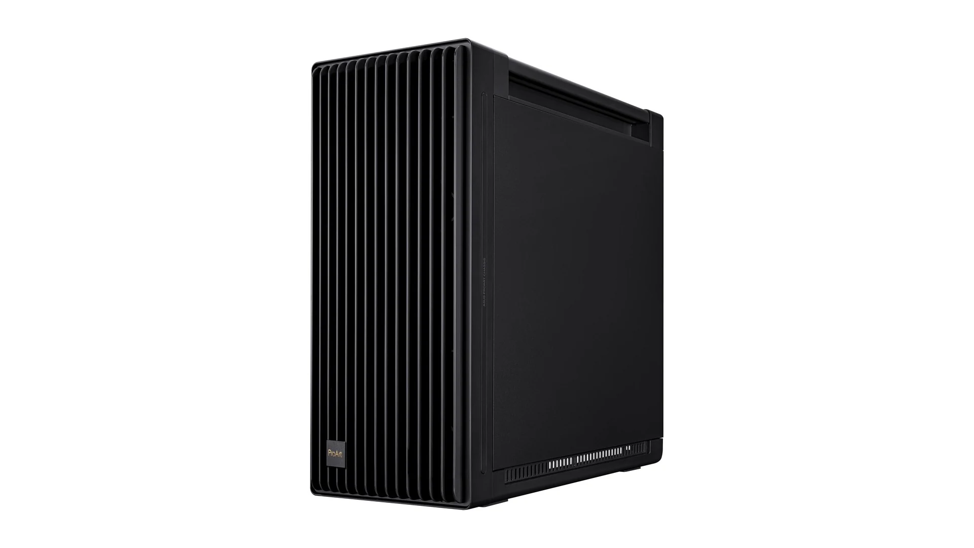 The ASUS ProArt PA602 case is shown in a side profile, highlighting its vertical ventilation fins and the 'ProArt' logo on the front.