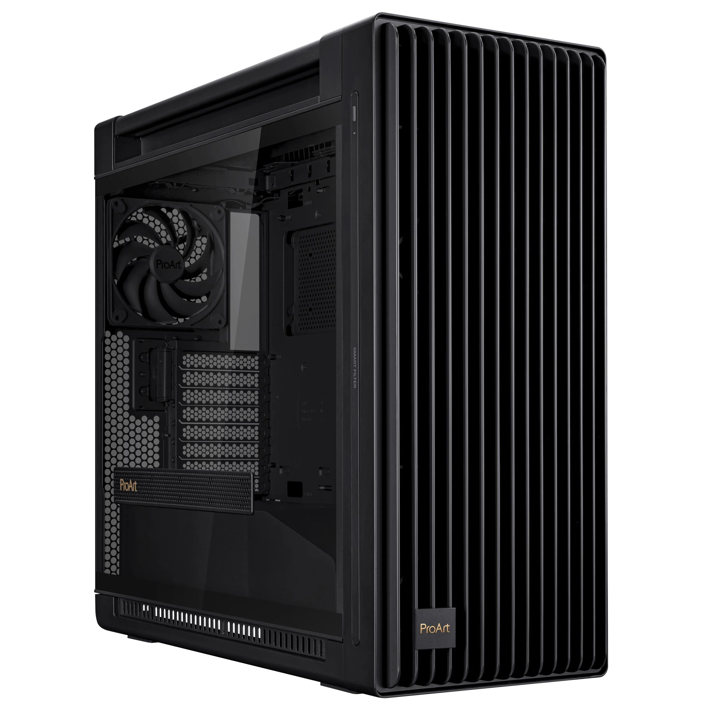 A black ProArt case with a side panel featuring vertical ridges and a transparent section revealing internal components.