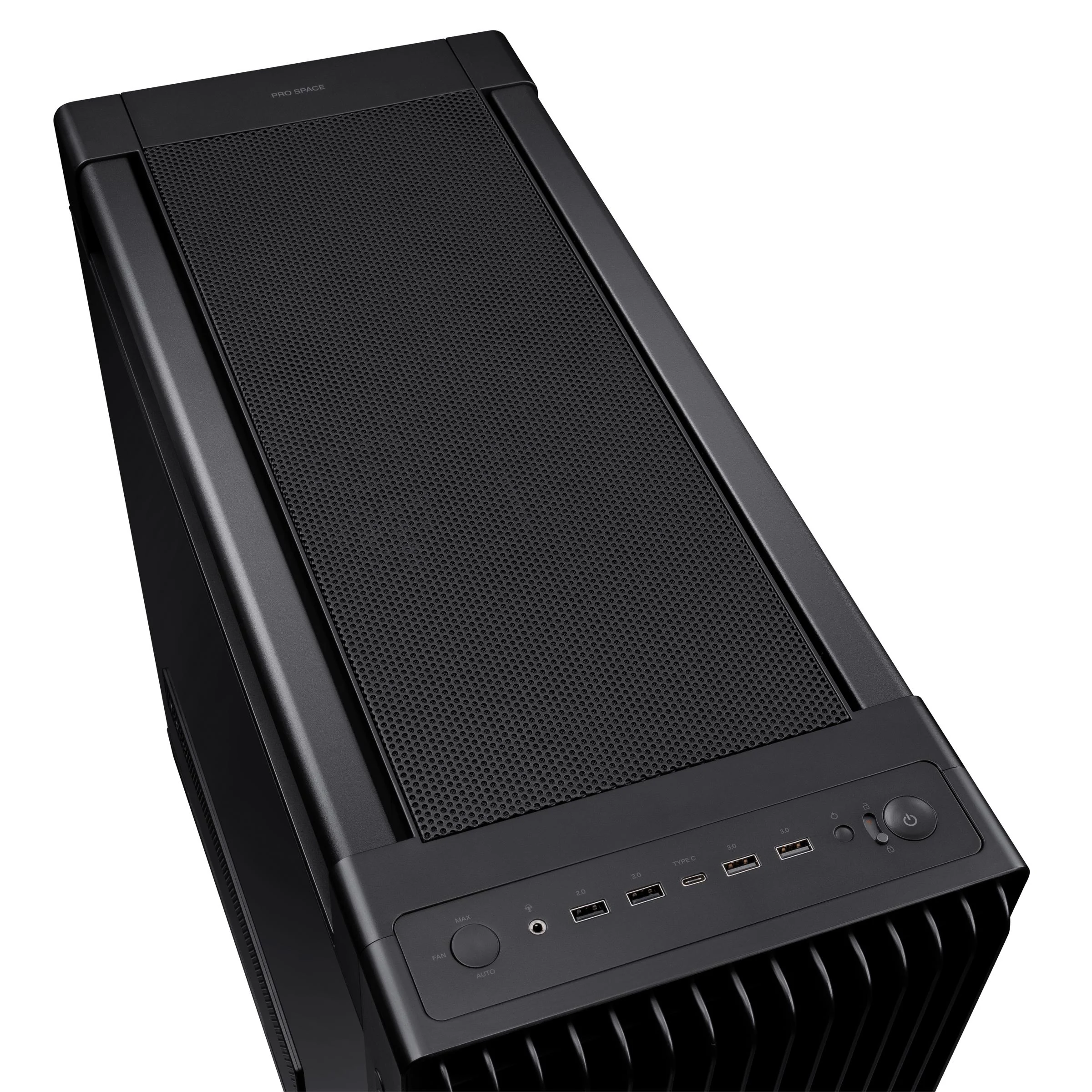A black computer case with a textured front panel and visible ports, photographed from the side.