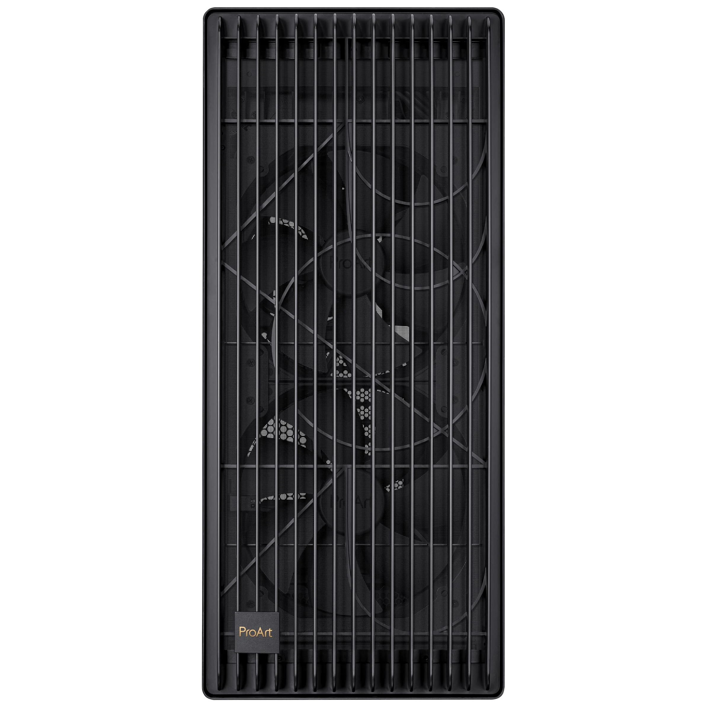 A black tower computer case with a front-facing grill and the ASUS ProArt logo at the bottom.